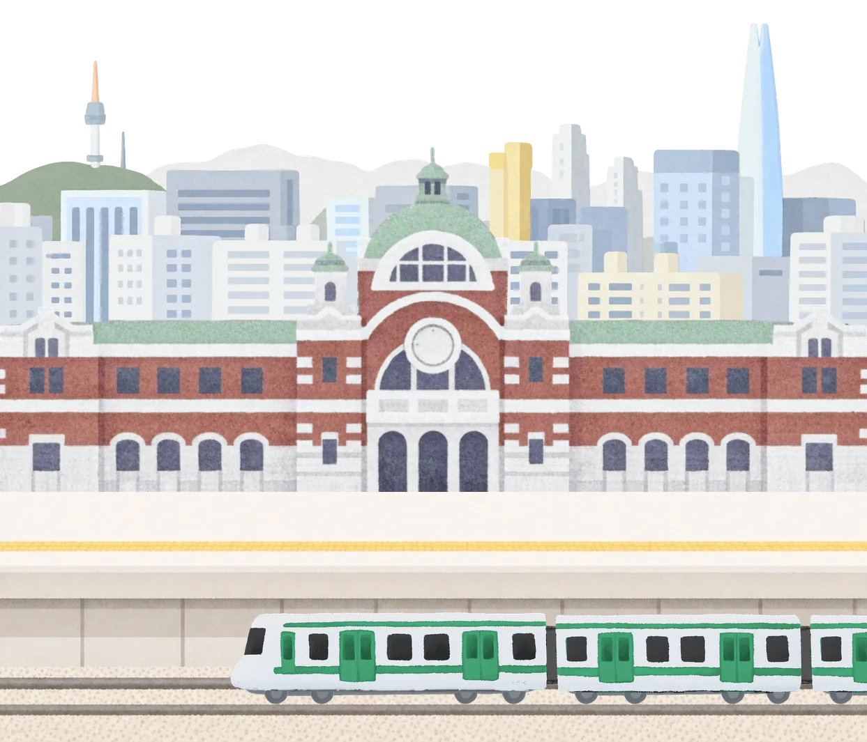옛 서울역 앞 승강장으로 초록 띠를 두른 완행 열차가 들어오는 하루행 홈 화면 그림